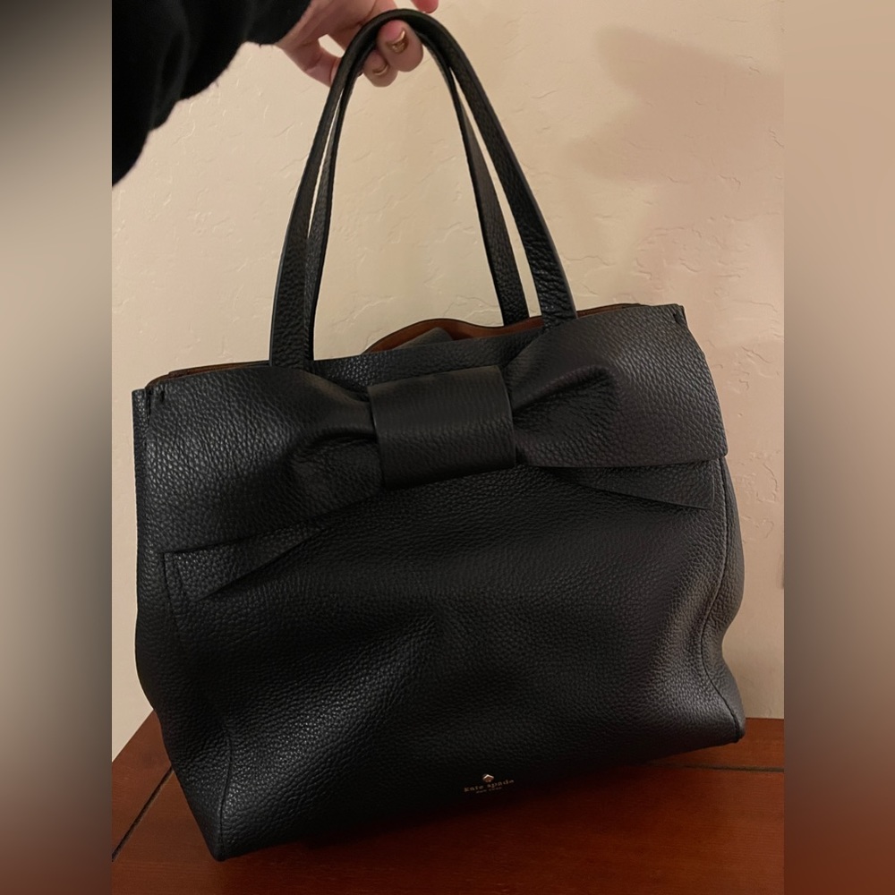 Kate Spade Black Leather Satchel Handbag with Large Bow